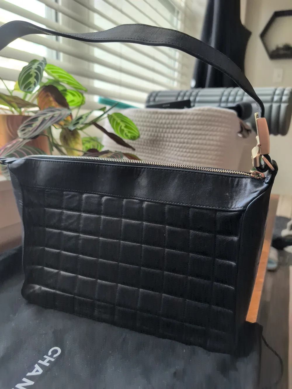 CHANEL Vintage Black Quilted Lambskin Leather Shoulder Bag with CC Logo